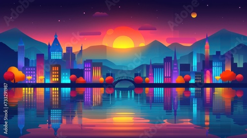 a painting of a city at night with a bridge over a body of water in front of a mountain range.