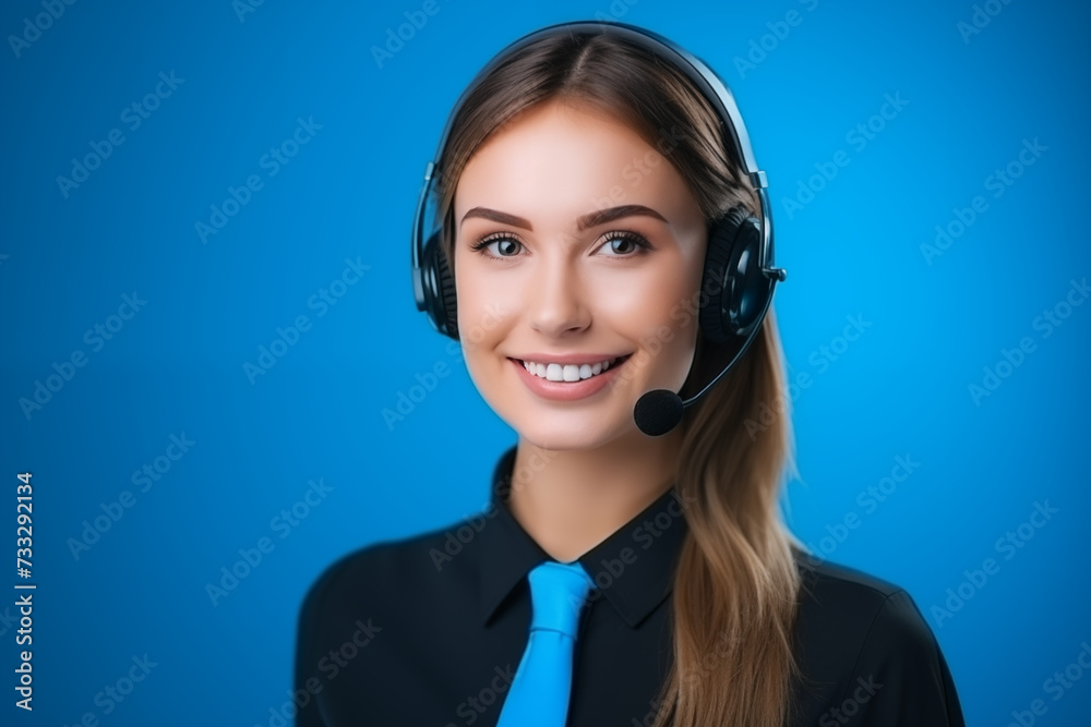 Portrait of a girl call center operator in headphones with a microphone on a blue background. Portrait of a girl call center operator in headphones with a microphone on a blue background.