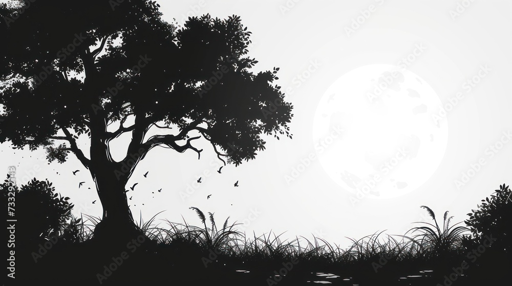 a black and white silhouette of a tree and a full moon in the background with birds flying in the sky.