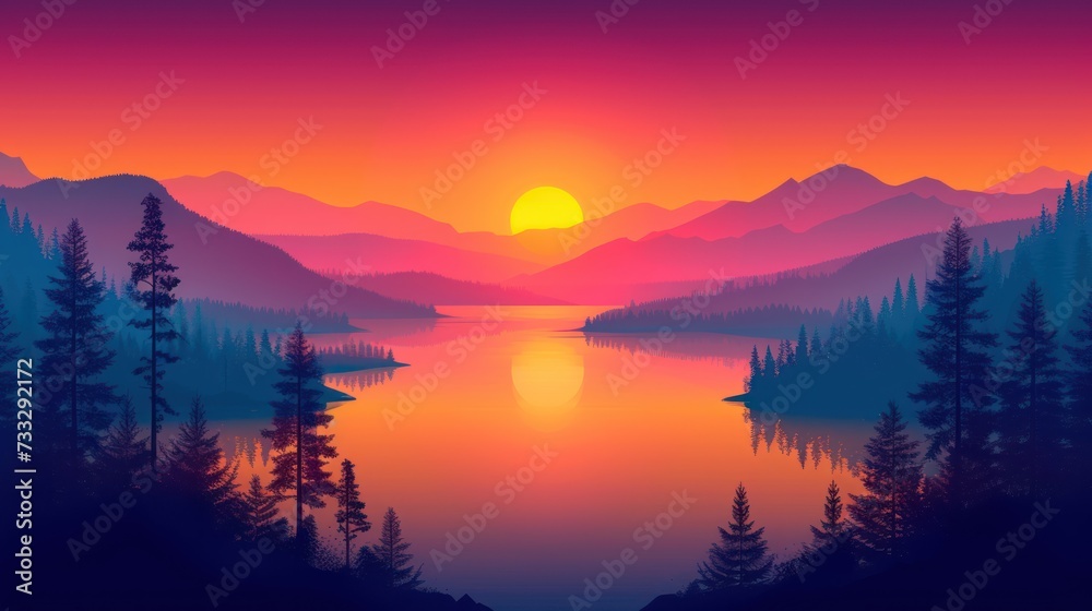 a painting of a sunset over a body of water with mountains in the background and trees in the foreground.