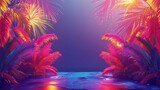 This image captures a breathtaking scene of a nighttime tropical beach, where palm trees are bathed in a radiant glow of pink and blue neon lights, creating a magical atmosphere. The sky above the cal