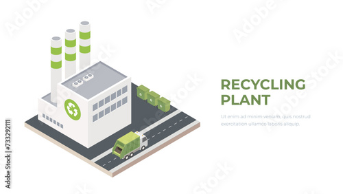 Isometric alternative energy. Recycling plant. Renewable energy plant building, battery panels eco power station 3d vector illustration. Green energy factory concept.