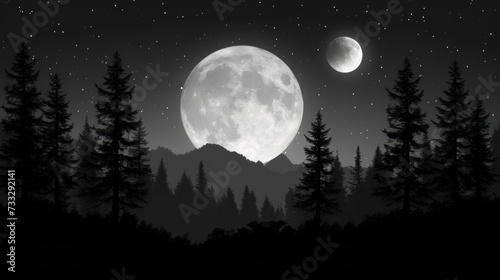 a black and white photo of a full moon with trees in the foreground and a mountain in the background.