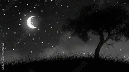a black and white photo of a night sky with stars and a tree with a half moon in the distance. © Jevjenijs