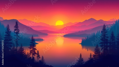 a painting of a sunset over a body of water with mountains in the background and trees in the foreground.