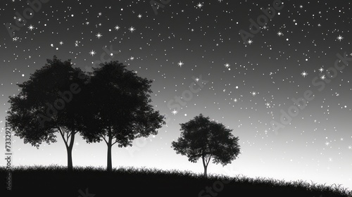 a black and white photo of three trees in a field at night with the stars in the sky above them.