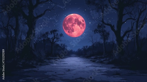 a night scene with a red full moon in the sky and a path leading to a forest filled with trees.