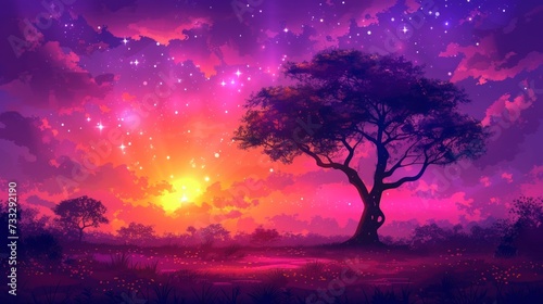 a painting of a sunset with a tree in the foreground and a purple sky with stars in the background.