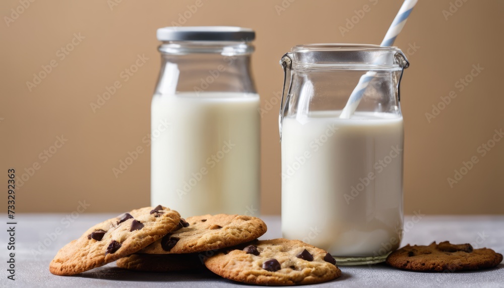 Two jars of milk and two cookies on a table