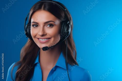 Portrait of a girl call center operator in headphones with a microphone on a blue background.