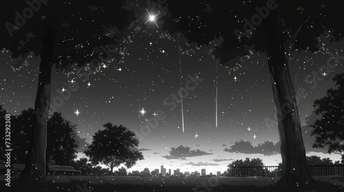 a night scene with stars in the sky and a bench in the foreground with trees in the foreground.