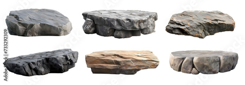 Collection set of long flat big hard rock boulder stone podium stage display on transparent background cutout  PNG file. Many different design. Mockup template artwork graphic