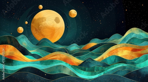 a painting of a full moon over a body of water with waves in the foreground and stars in the background.