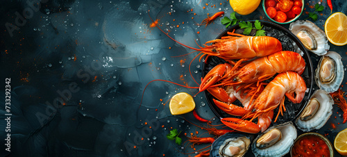 Exquisite seafood selection on ice with lemon and herbs