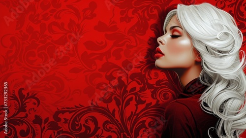 Woman with White Hair on Red Background