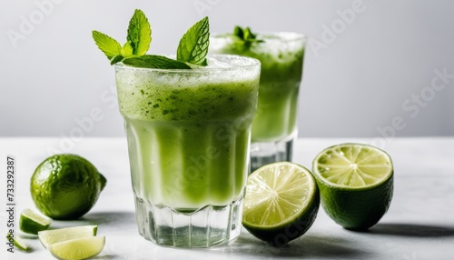 Two glasses of green drinks with limes and mint leaves