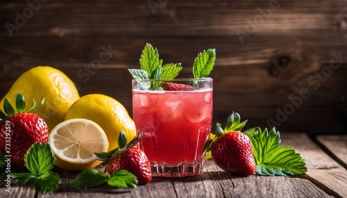 A glass of lemonade with a lemon wedge and strawberry on the table