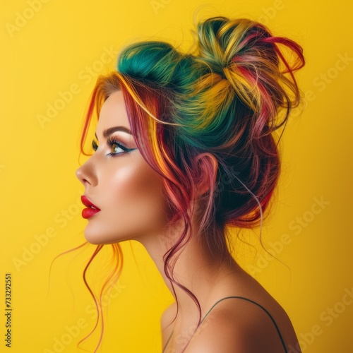 Woman with Rainbow Hair - Yellow Background photo