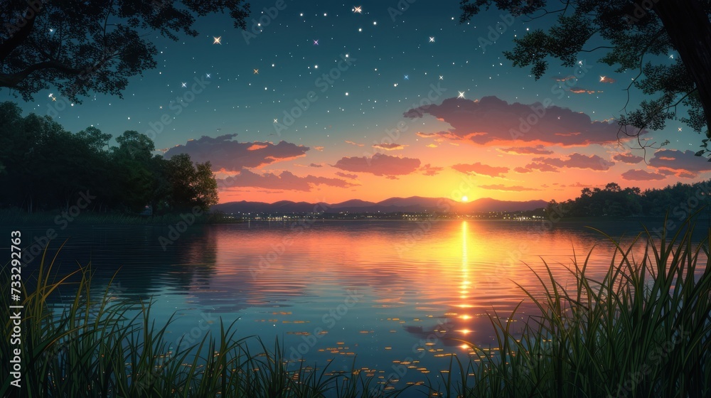 a sunset over a body of water with grass in the foreground and stars in the sky in the background.