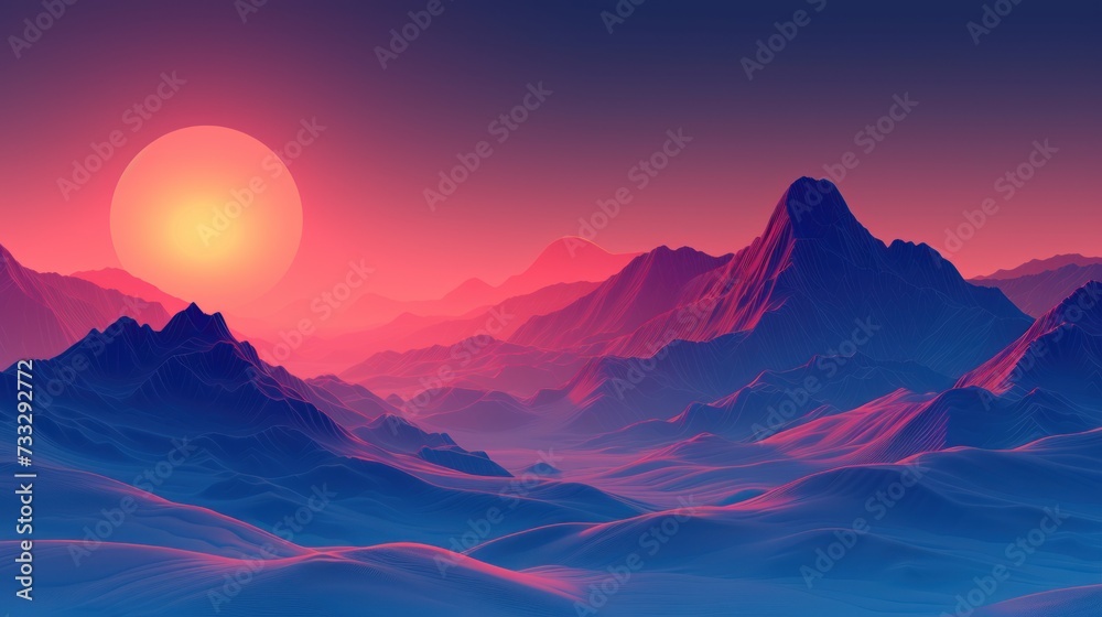 a computer generated image of a mountain range with the sun setting in the distance over the horizon of the mountain range.