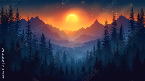 a night scene with a full moon in the sky and a mountain range in the foreground with pine trees in the foreground.