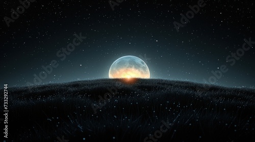 a full moon rising over a field of grass with a tree in the foreground and stars in the background. photo