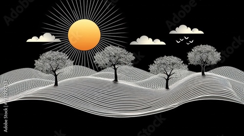 a black and white landscape with trees, birds, and a sun on a black background with a wave in the foreground.