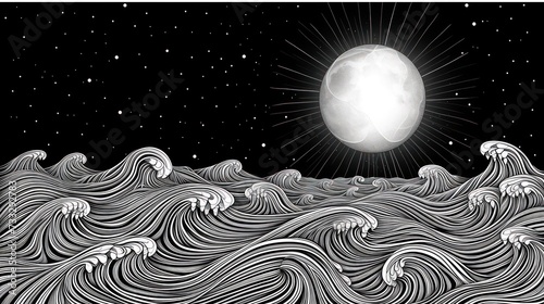 a black and white drawing of a full moon over a large body of water with waves in the foreground.