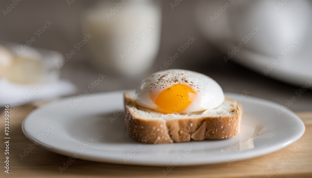 A white plate with a piece of bread and an egg on top A white plate with a piece of bread and an egg on top