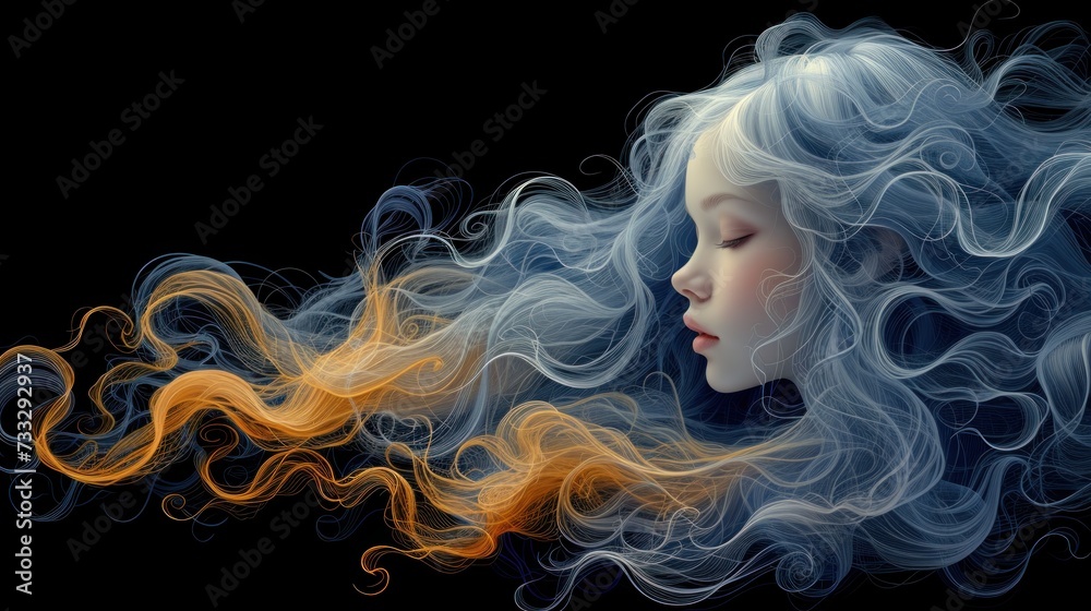 a painting of a woman with her eyes closed and her hair blowing in the wind, on a black background.