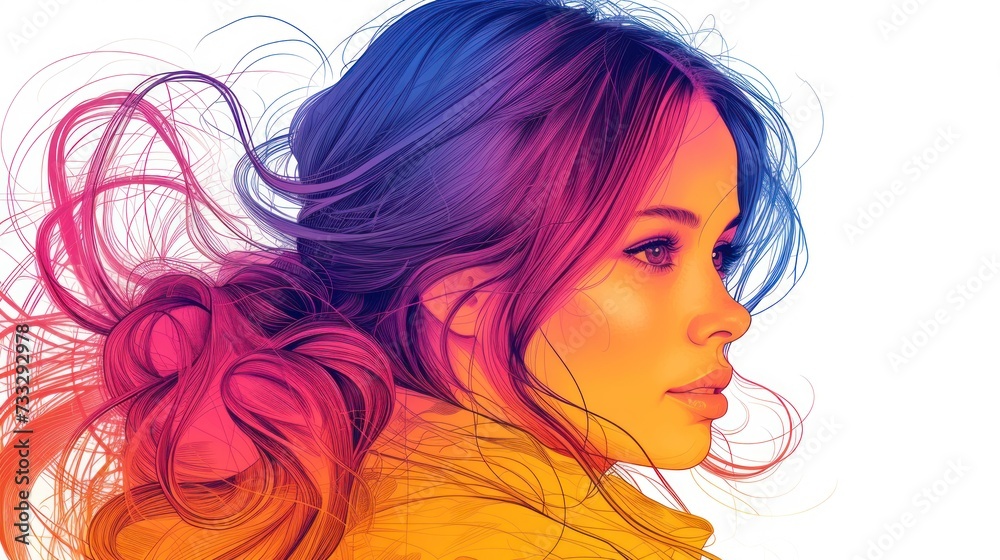 a digital painting of a woman's head with a colorful hairdow in the middle of her hair.