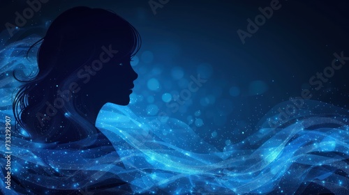 a woman's profile against a dark background with blue swirls and bubbles in the foreground of the image.
