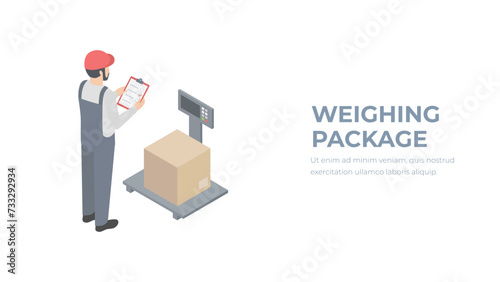 Measurement of weight of box with goods using scales. International shipping worldwide concept. A warehouse worker weighs a parcel. Weighing the parcel?