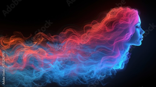 a woman's face with red, blue, and pink smoke coming out of the back of her head. photo