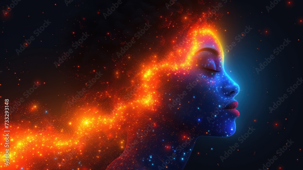 a close up of a person's face with a bright light coming out of the space in the background. a close up of a person's face with a bright light coming out of the space in the background.