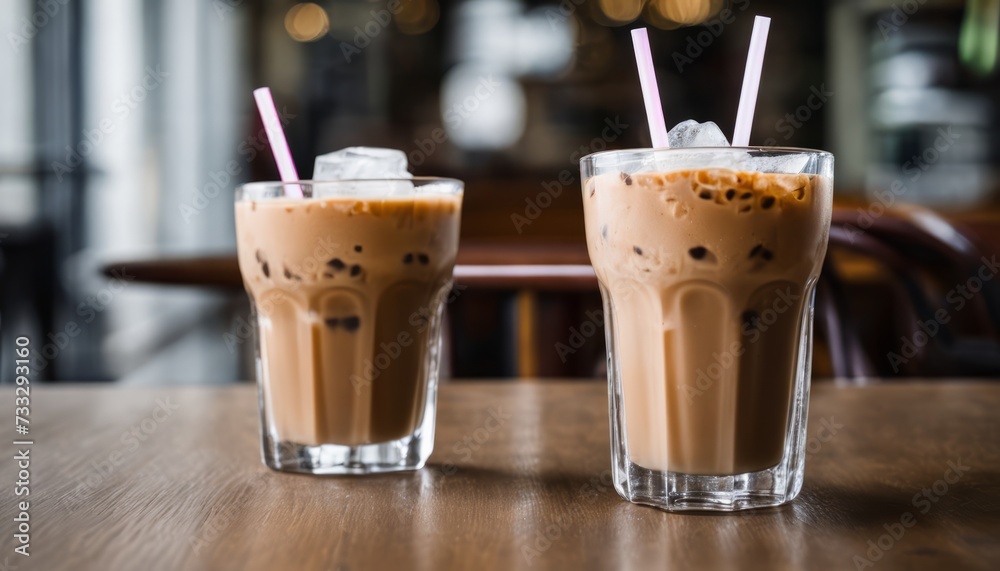 Two glasses of chocolate milkshake on a table Two glasses of chocolate milkshake on a table