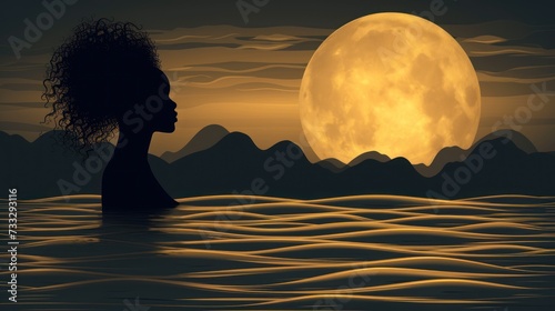a woman standing in a body of water with a full moon in the sky above her and mountains in the background.