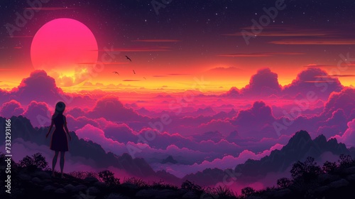 a person standing on top of a hill looking at the sky with a pink and orange sunset in the background.