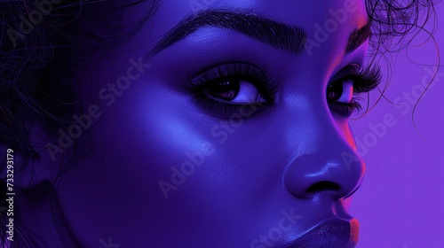 a close - up of a woman's face with purple and blue lighting on her face and her hair blowing in the wind.