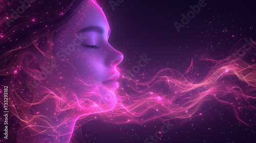 a woman s face with her eyes closed and her hair blowing in the wind with stars in the background.
