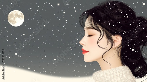 a painting of a woman with her eyes closed in front of a snow covered sky with a full moon in the distance. photo