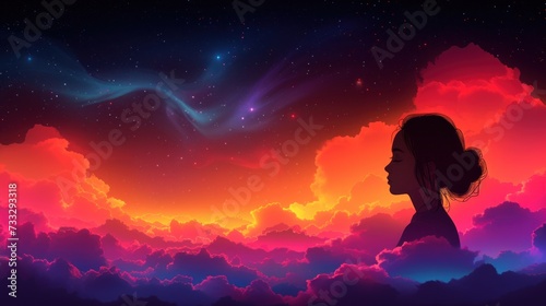 a woman standing in the middle of a cloud filled sky with a sky full of stars and a shooting star in the distance.