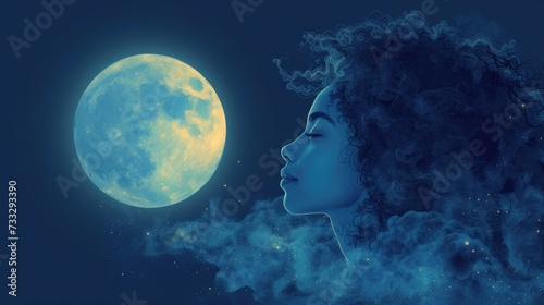 a woman with curly hair looking at a full moon in the night sky with clouds and stars around her, in front of a blue background of a cloud filled sky with stars.