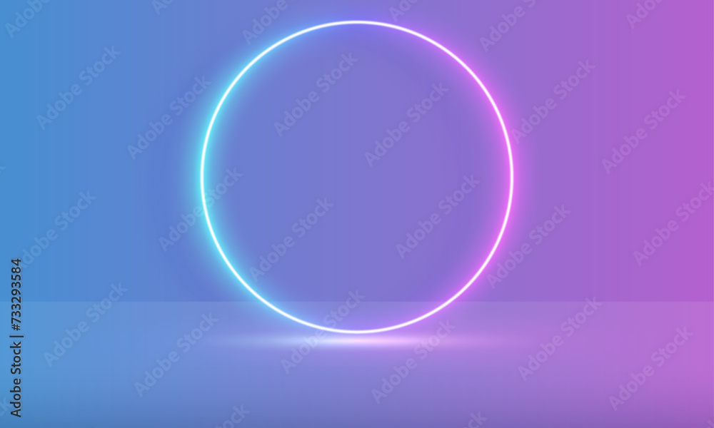 Vector 3d render, circle glowing in the dark, pink blue neon light, illuminate frame design. Abstract cosmic vibrant color backdrop. Glowing neon light. Neon frame with rounded corners.