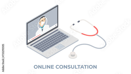 Online consultations with doctor. Communication with the doctor via video link. Woman stands in front of laptop and asks therapist about her health. Isometric cartoon vector illustration