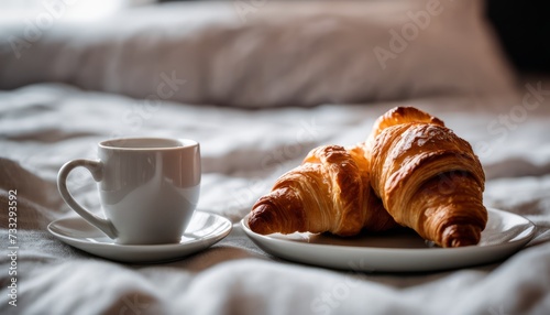 A cup of coffee and a croissant on a bed