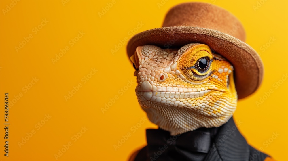 Lizard in Glam Outfit on Yellow Background