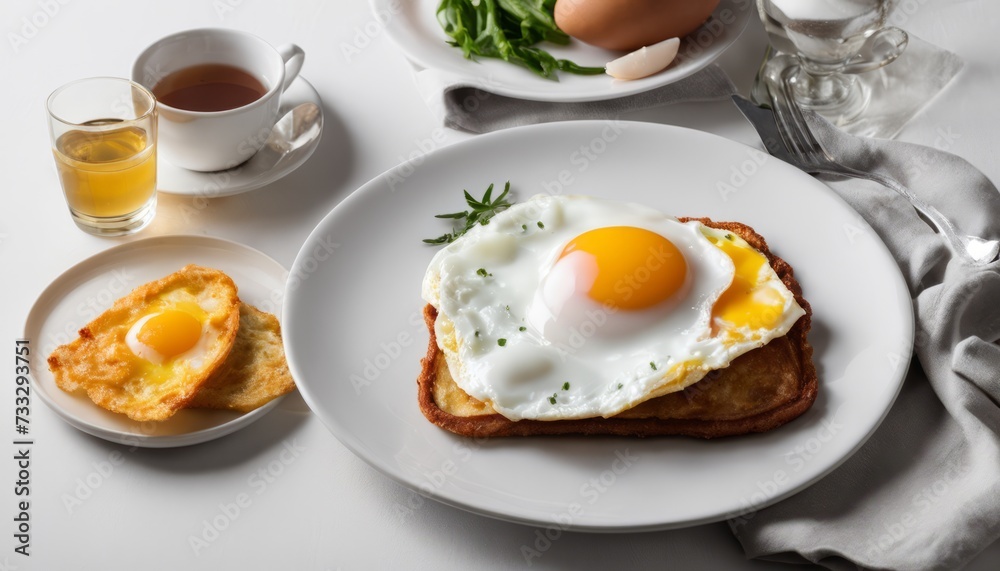 A white plate with a fried egg on top of toast A white plate with a fried egg on top of toast