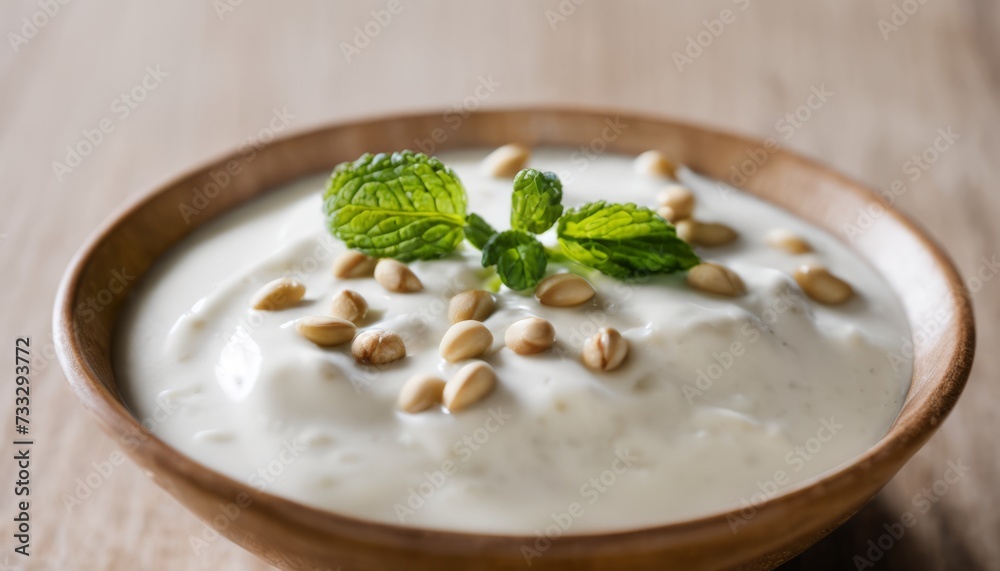 A bowl of yogurt with nuts and mint on top
