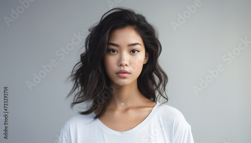Portrait of an Asian mixed race woman in front of a white background. Personality testimonial. Black curly hair. Natural look. Fashion and Lifestyle. Model for product campaign or marketing campaign.